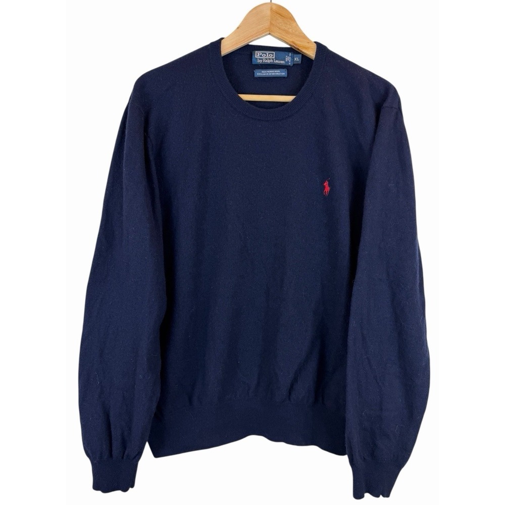 Polo Ralph Lauren Navy Blue Merino‎ Wool Crewneck Sweater XL Red Pony